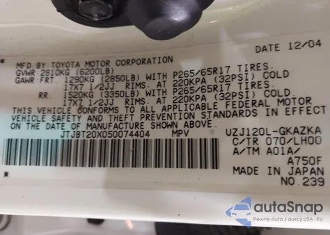 2005 Lexus Gx 470 from USA, damaged, VIN JTJBT20X050074404